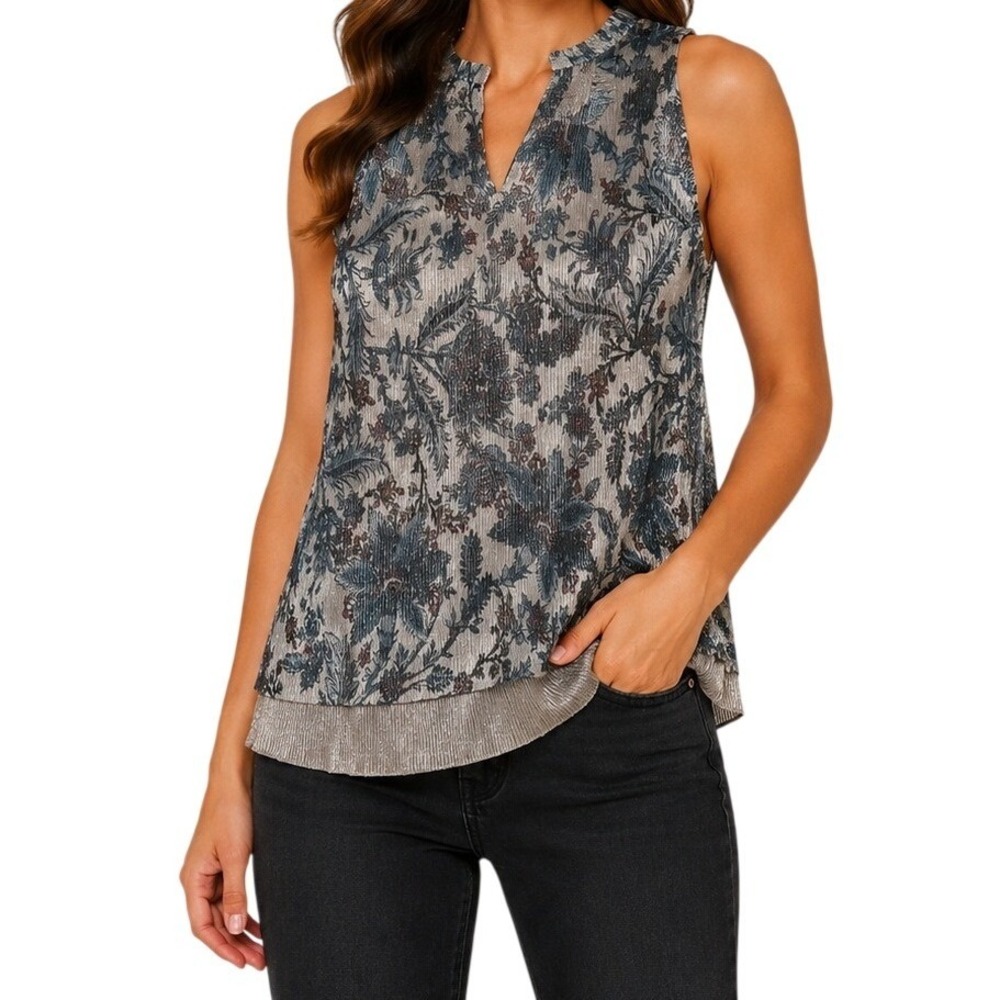 Vanessa Virginia Anthropologie Silver Metallic Floral Top Women's XS